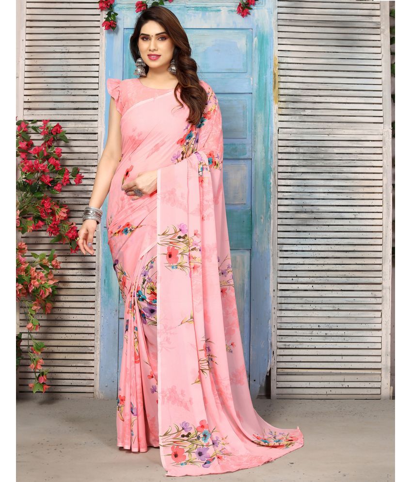     			Samah Georgette Printed Saree With Blouse Piece - Pink ( Pack of 1 )