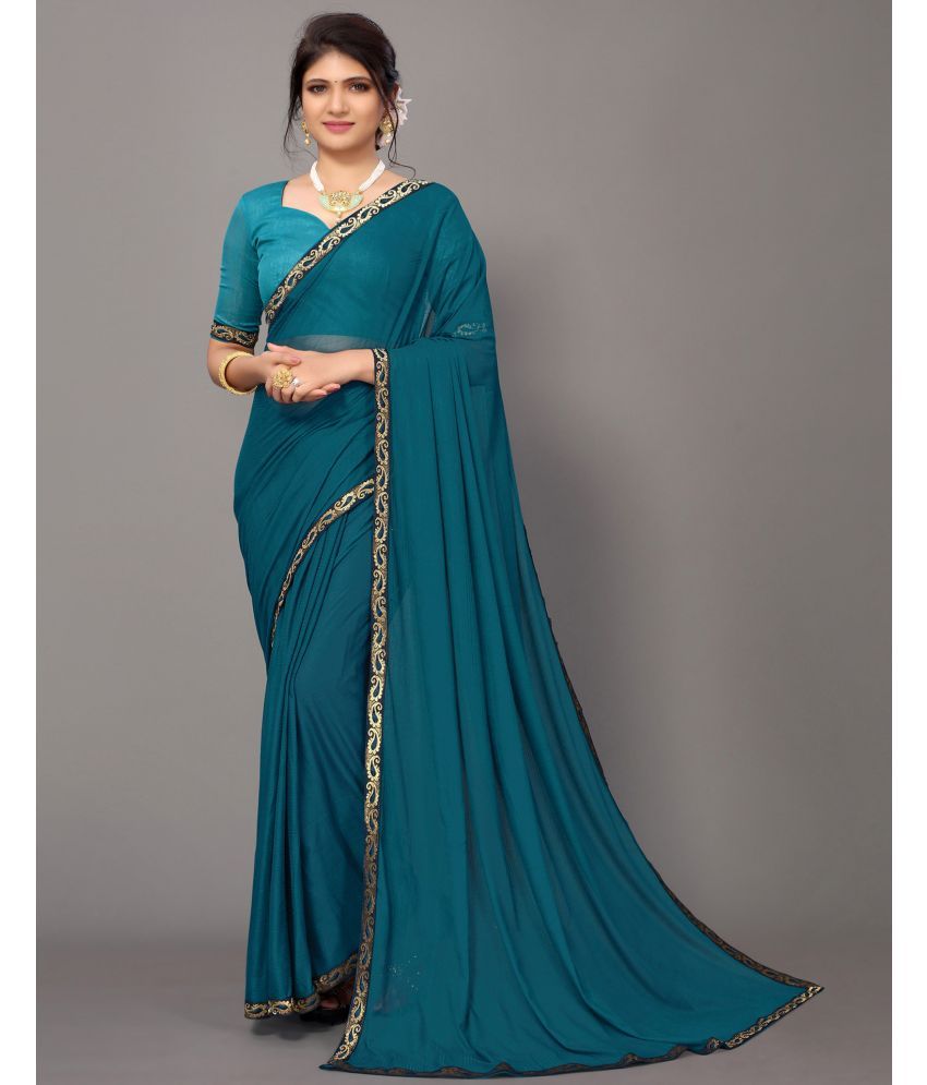     			Samah Lycra Dyed Saree With Blouse Piece - Teal ( Pack of 1 )