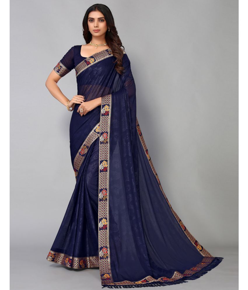     			Samah Lycra Self Design Saree With Blouse Piece - Blue ( Pack of 1 )