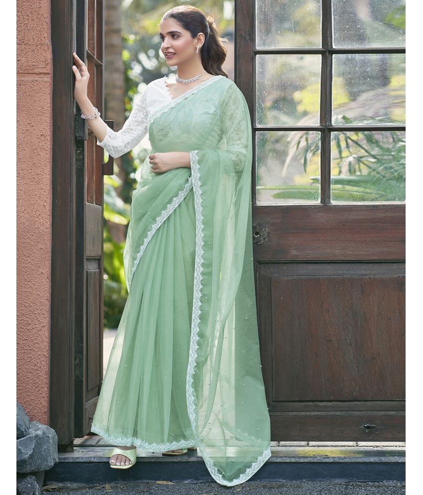     			Samah Net Embellished Saree With Blouse Piece - Green ( Pack of 1 )