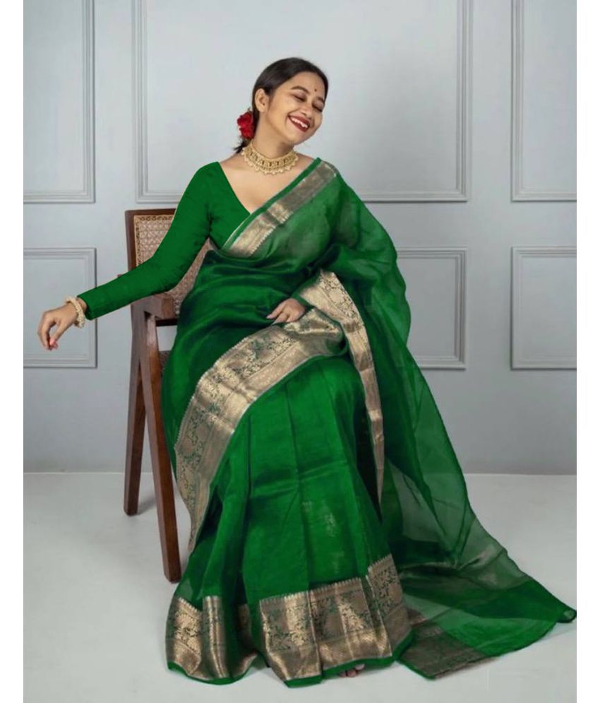     			Samah Organza Dyed Saree With Blouse Piece - Green ( Pack of 1 )