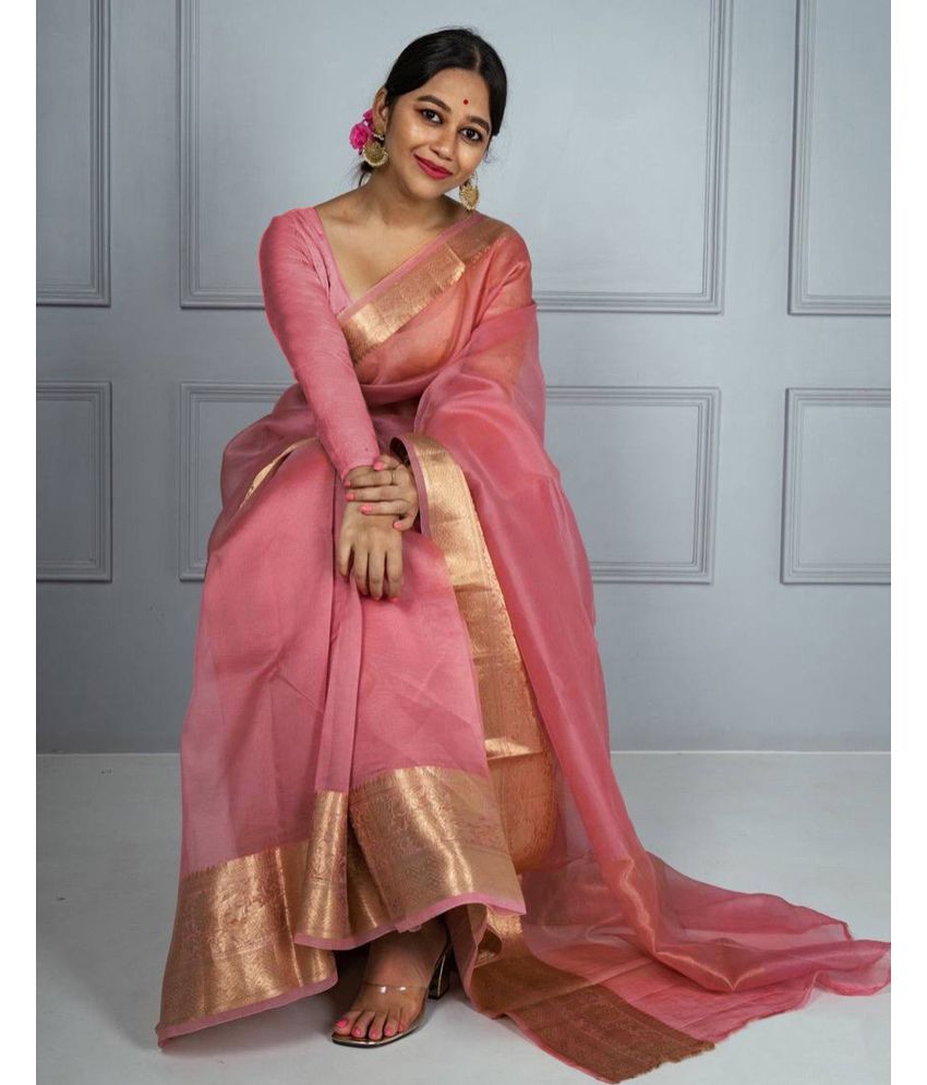     			Samah Organza Dyed Saree With Blouse Piece - Pink ( Pack of 1 )