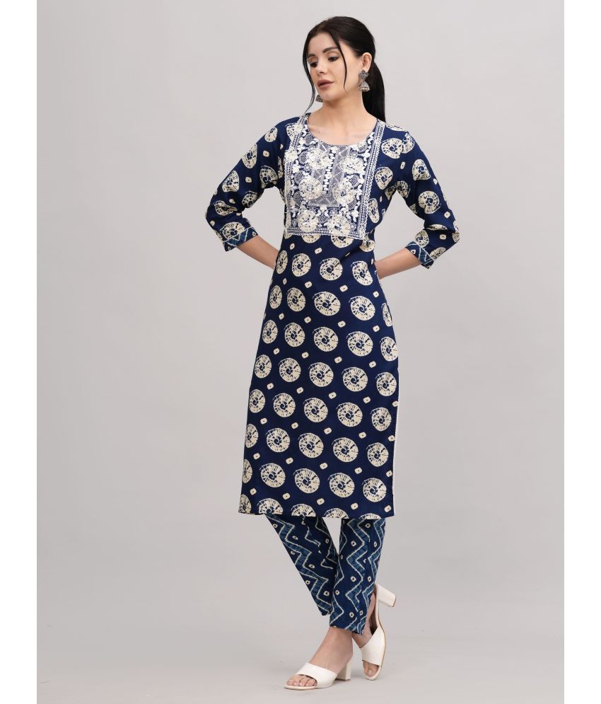     			AAYUFAB Rayon Embroidered Kurti With Pants Women's Stitched Salwar Suit - Blue ( Pack of 1 )