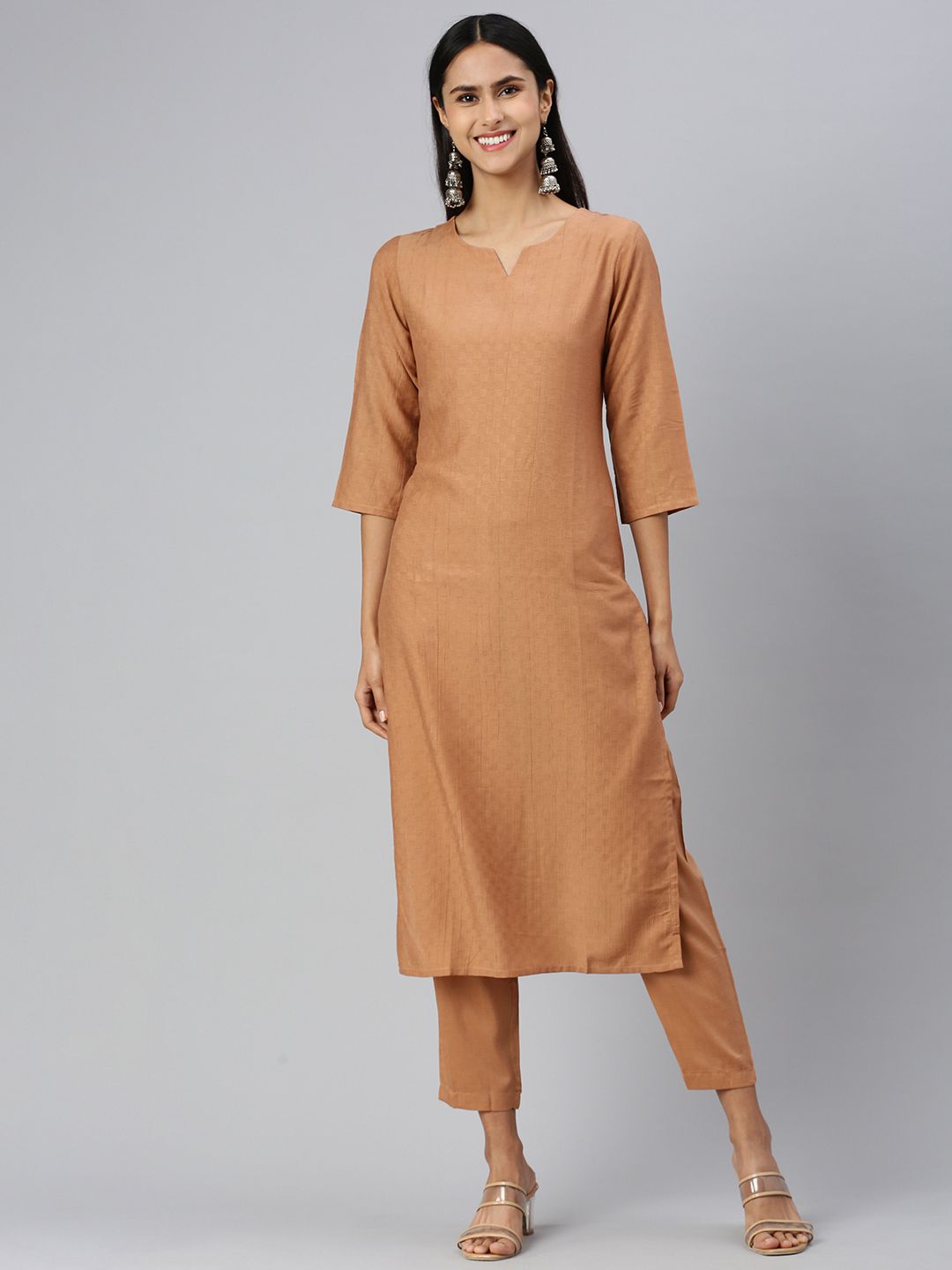    			Aarrah Cotton Self Design Kurti With Pants Women's Stitched Salwar Suit - Brown ( Pack of 1 )