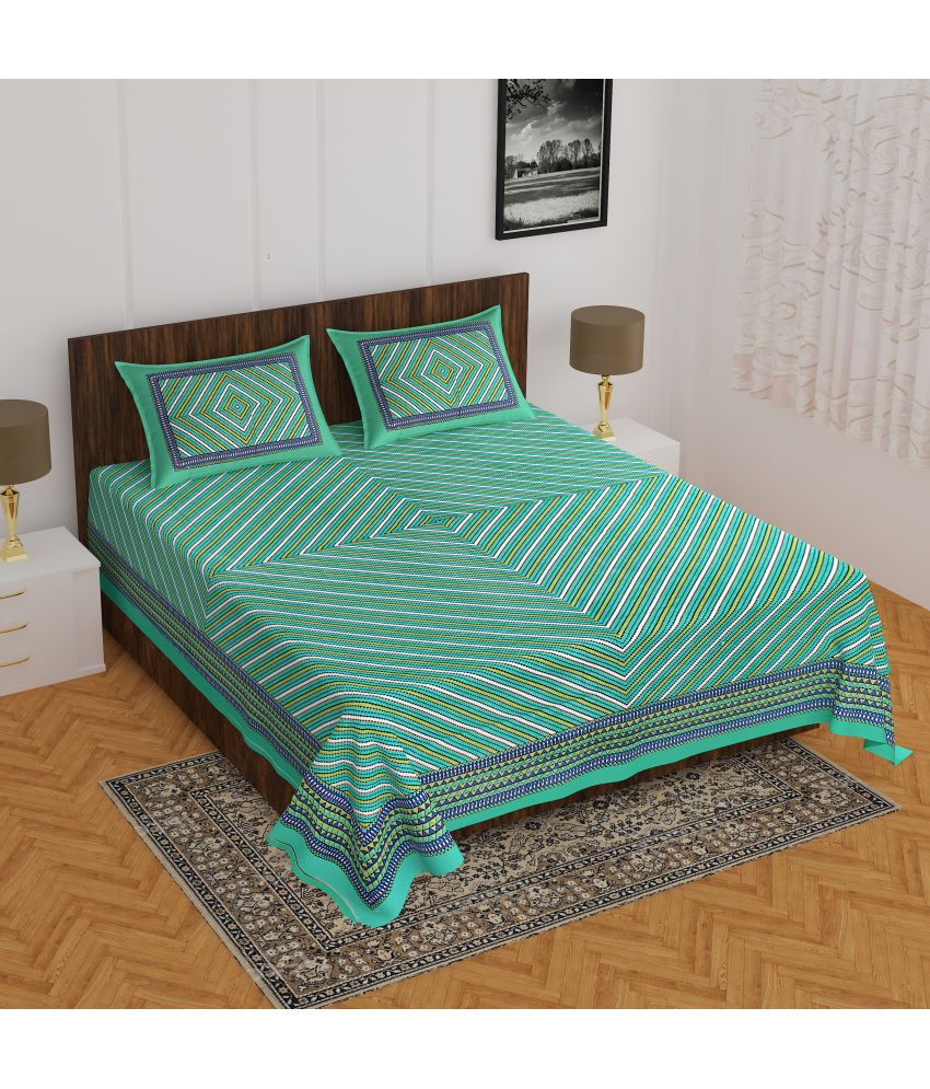     			Angvarnika Cotton Geometric 1 Double Bedsheet with 2 Pillow Covers - Green
