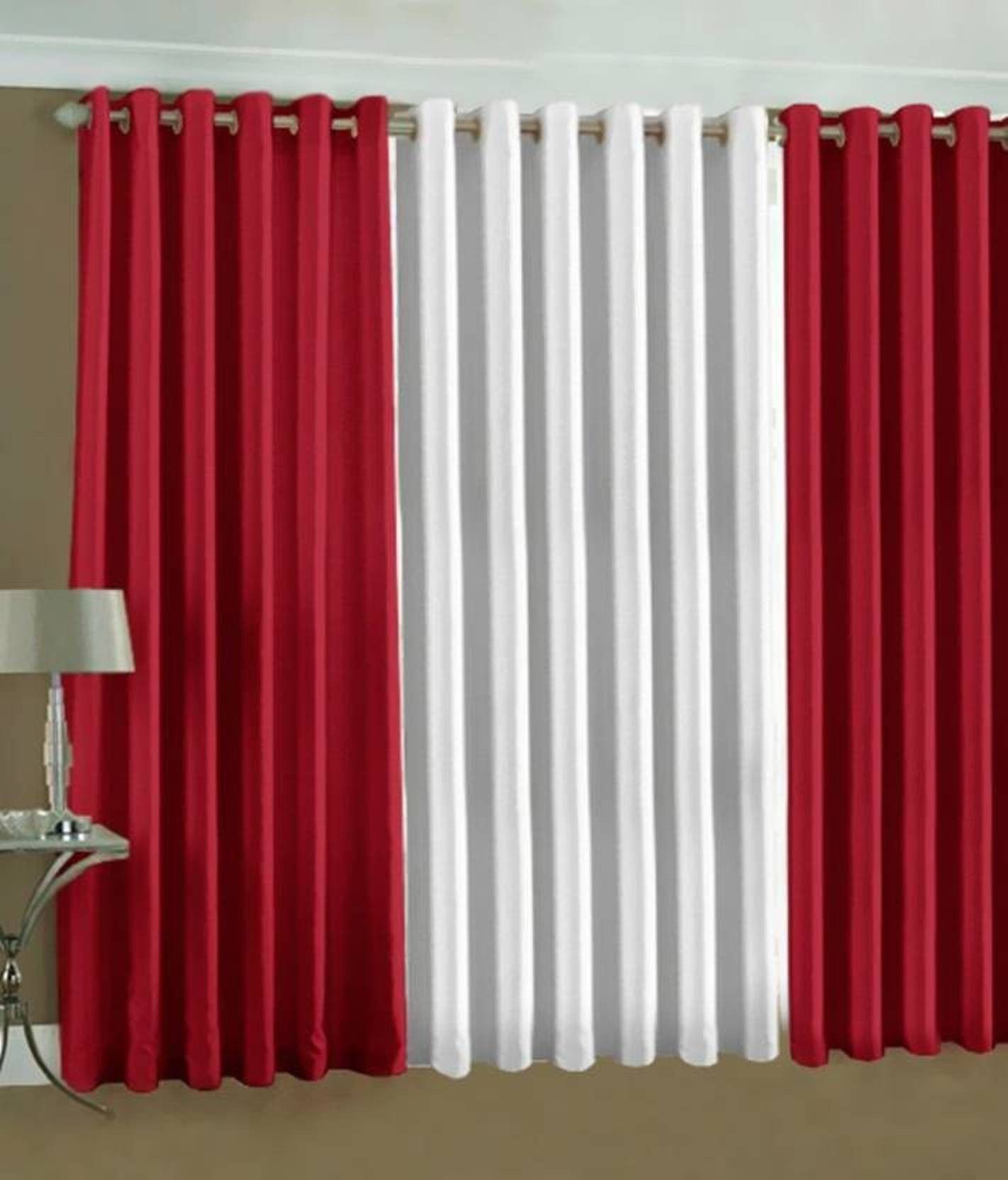     			BELLA TRUE Solid SemiTransparent Eyelet Curtain 9 ft ( Pack of 3 )  Red