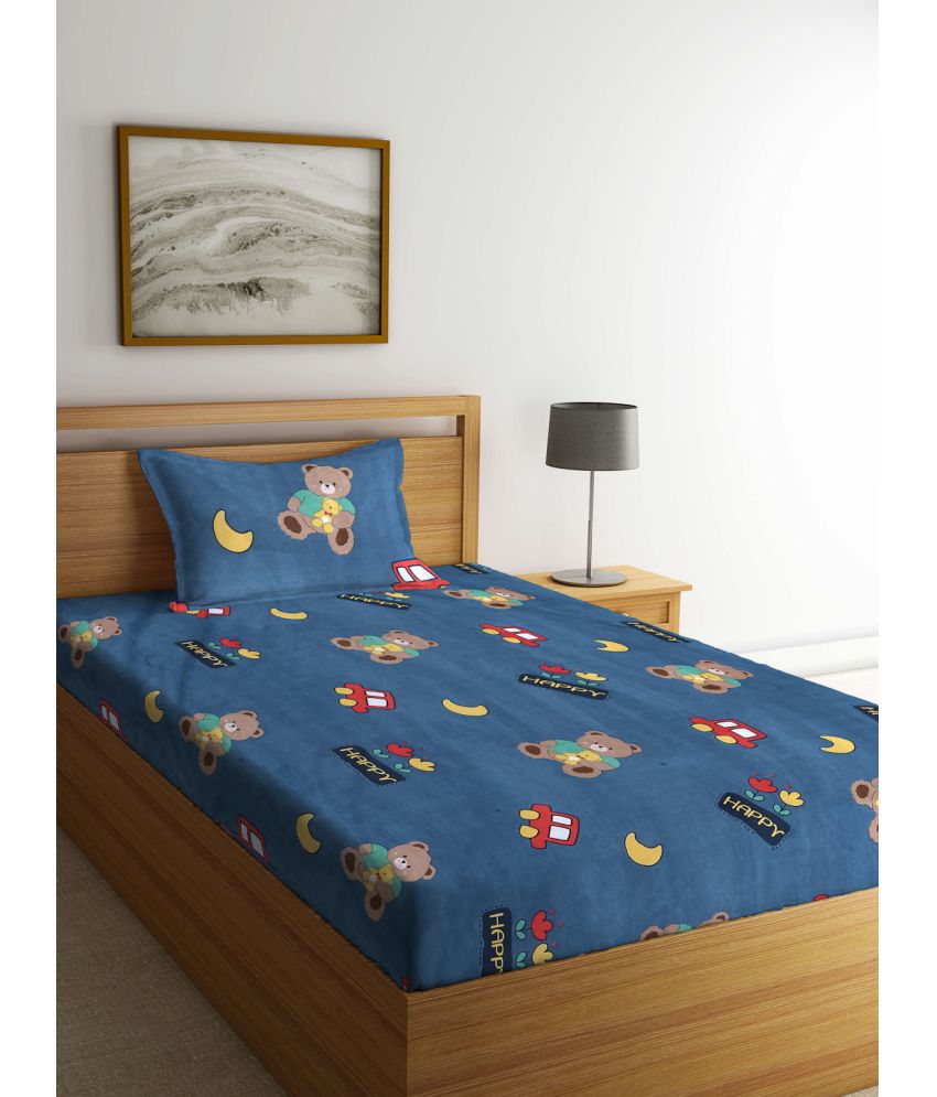     			Klotthe Poly Cotton Graphic 1 Single Bedsheet with 1 Pillow Cover - Blue