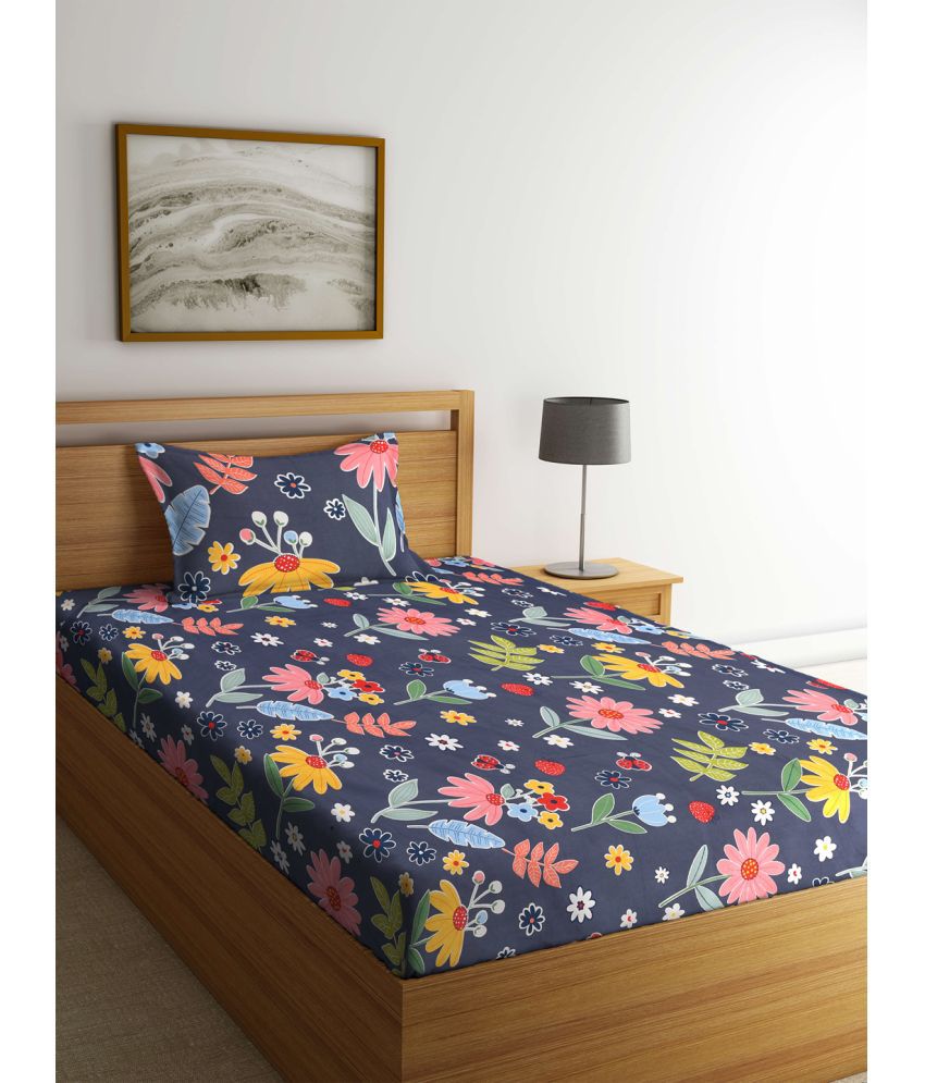     			Klotthe Poly Cotton Nature 1 Single Bedsheet with 1 Pillow Cover - Navy Blue