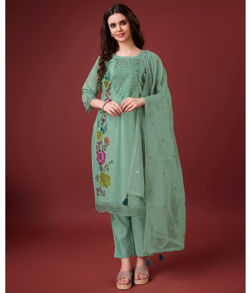     			MOJILAA Chanderi Embroidered Kurti With Pants Women's Stitched Salwar Suit - Green ( Pack of 1 )
