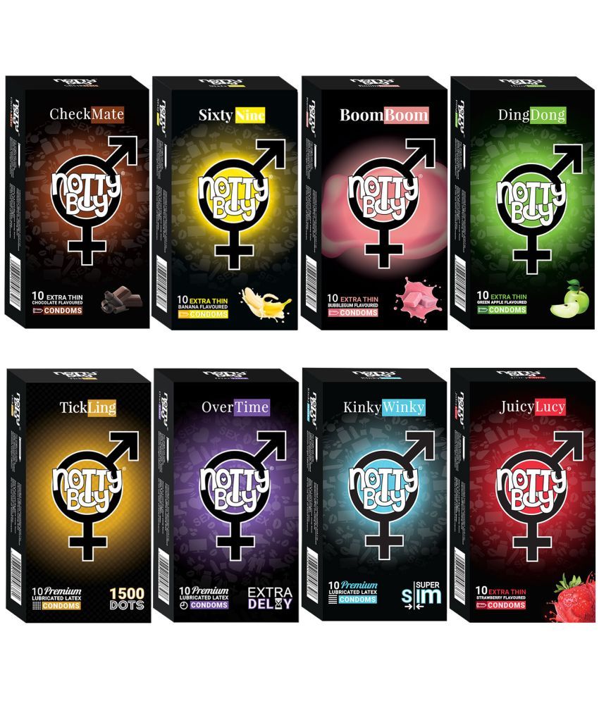     			NottyBoy Banana, Chocolate, Strawberry, Bubblegum Flavoured, 1500 Dots,Ultra Thin & Extra Time Condoms- 80 Units