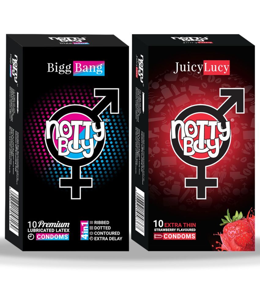     			NottyBoy Bigg Bang Ribbed Dotted Contoured Extra Delay and Strawberry Flavoured Condoms - 20 Units