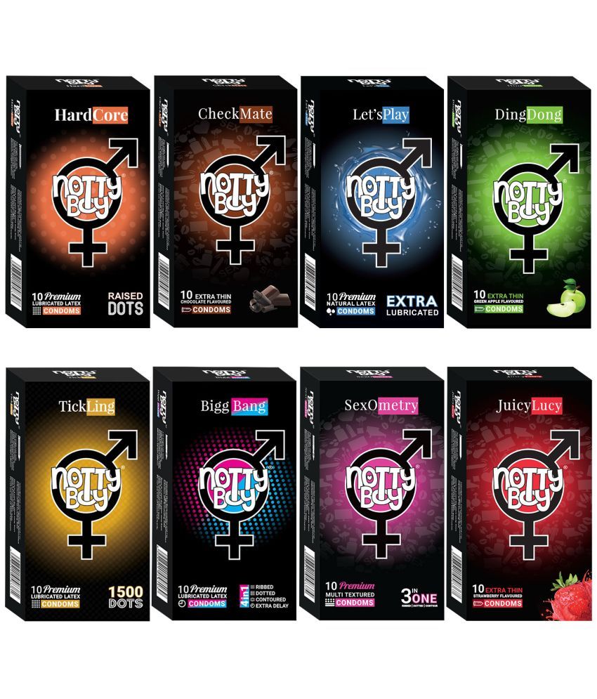     			NottyBoy Chocolate & Strawberry Flavoured, 3IN1 & 4IN1, 1500 Raised Dots, Ribbed, Contoured, Extra Time, Ultra Thin, More Lubricated Smooth Condoms- 80 Units