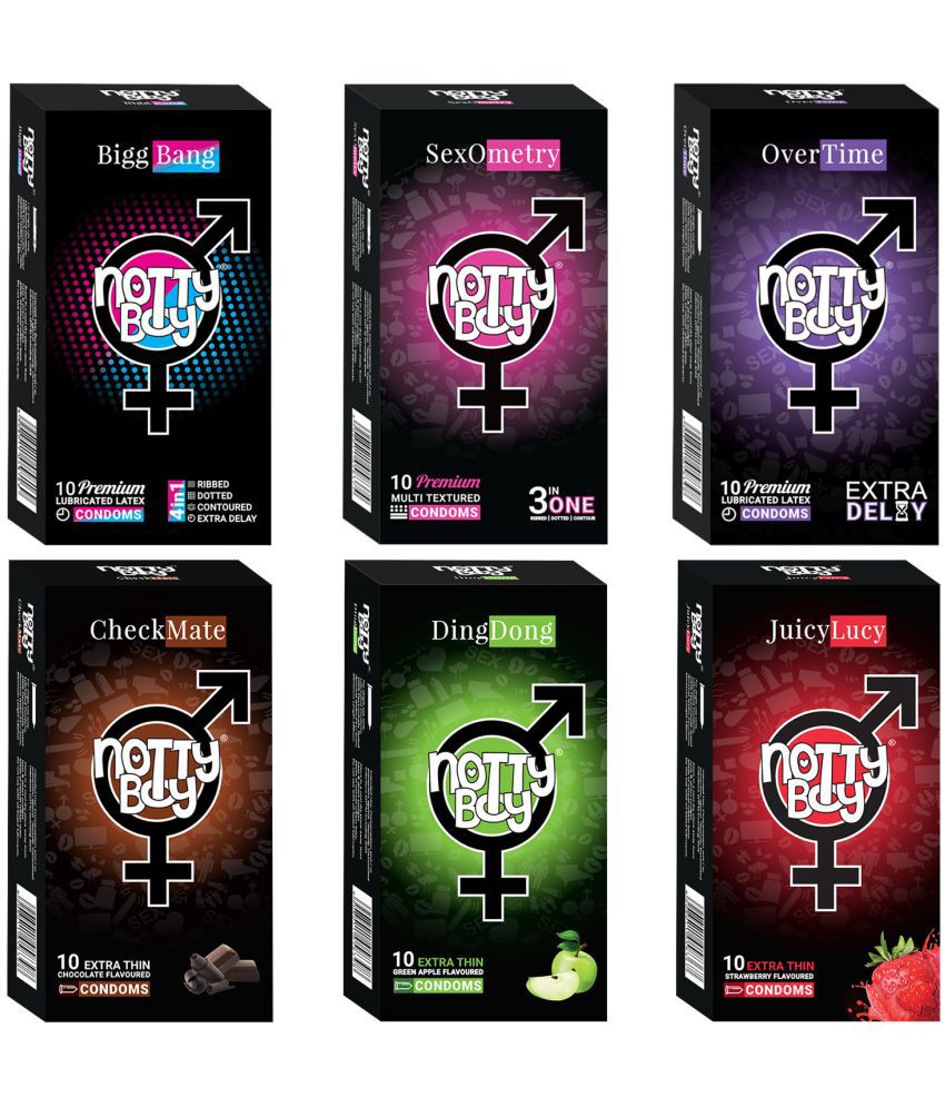     			NottyBoy Multi Pack 4 IN 1 & 3 IN 1,  Ribbed, Dotted, Contour, Over Time, Prolong Delay, Chocolate, Strawberry and Fruit Flavoured Condoms - 60 Units