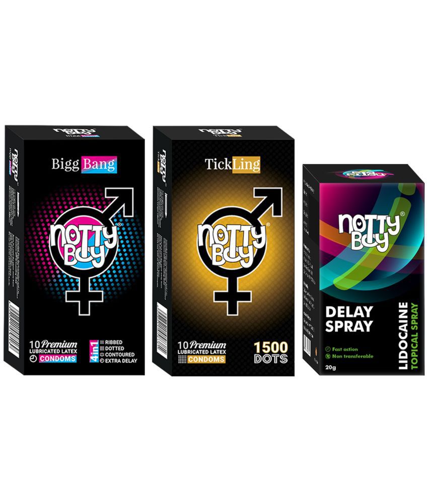     			NottyBoy OverTime Non-Transferable Spray 20gm with 1500 Dots and 4IN1, Dots, Ribs, Contour, Long Time Condoms (Pack of 2, 20Pcs)