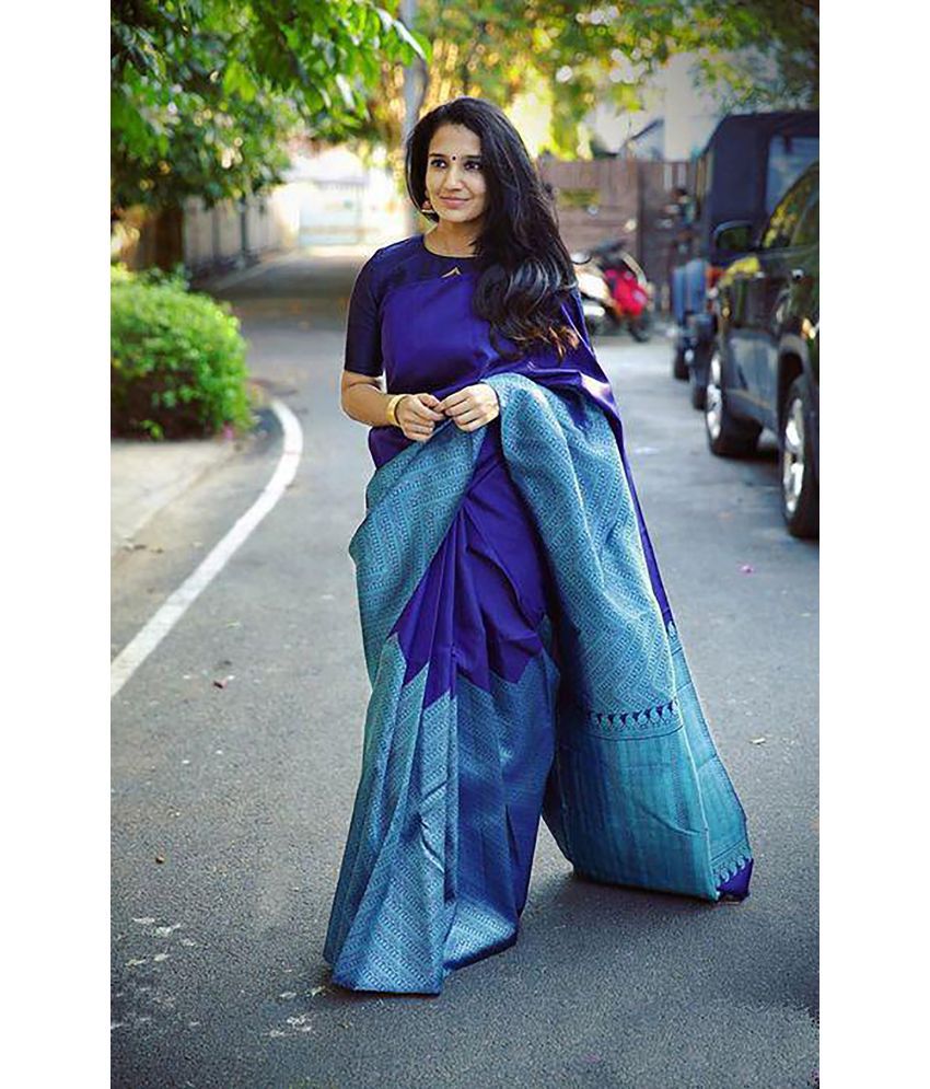     			Anjaneya Sarees Banarasi Silk Woven Saree With Blouse Piece - Blue ( Pack of 1 )
