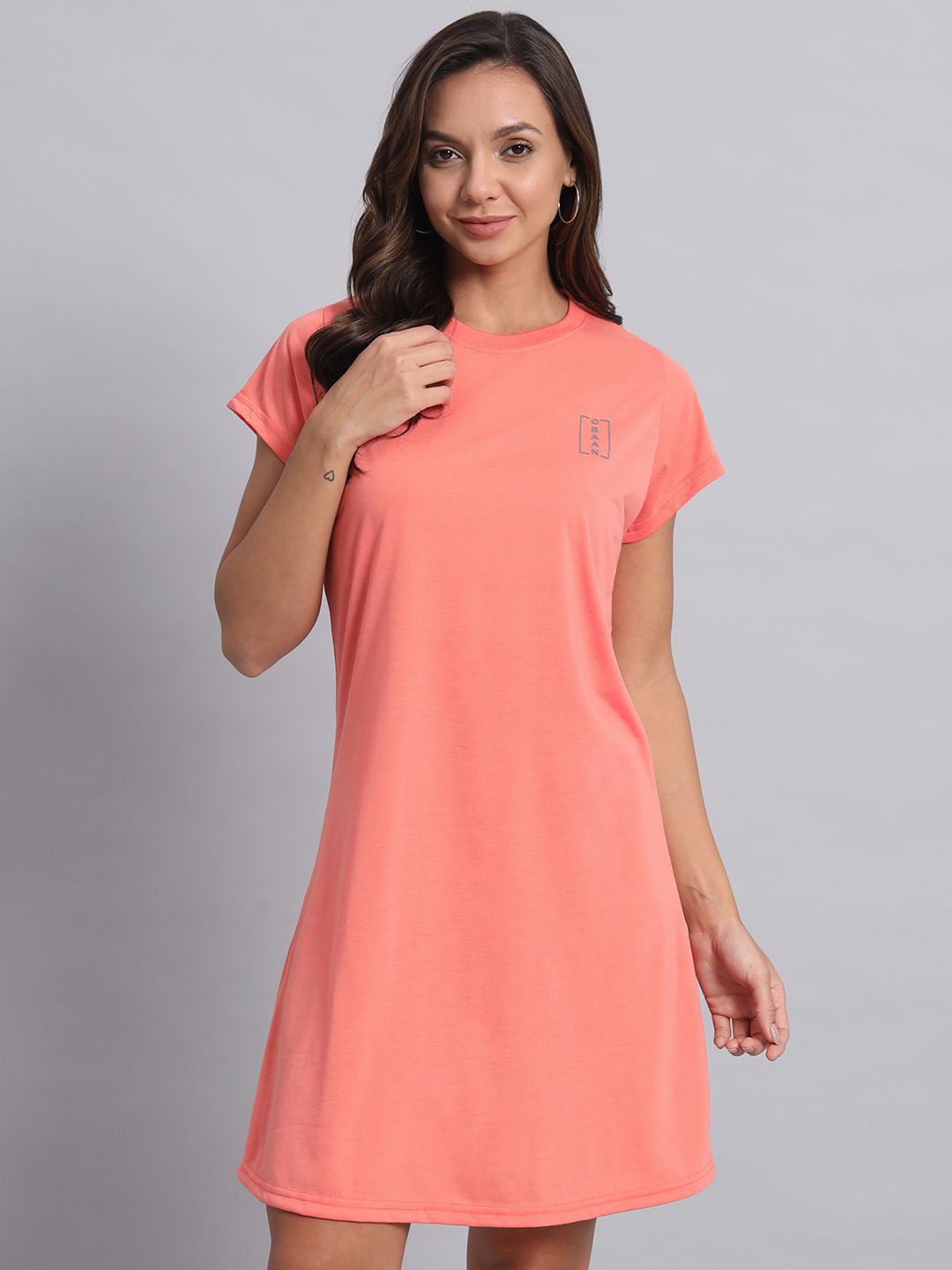     			OBAAN Cotton Blend Solid Above Knee Women's T-shirt Dress - Peach ( Pack of 1 )