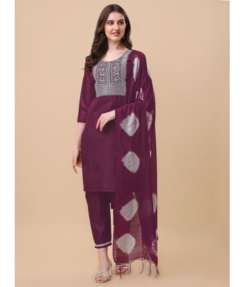     			gufrina Cotton Embroidered Kurti With Pants Women's Stitched Salwar Suit - Wine ( Pack of 1 )