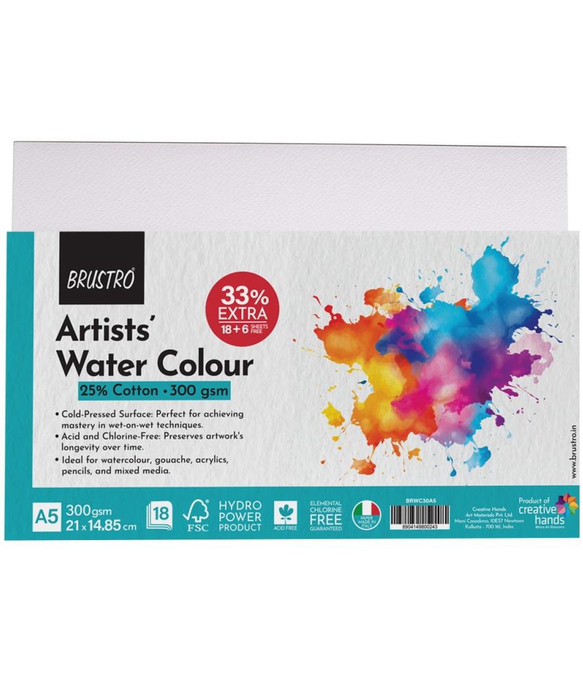     			Brustro Artists Watercolour Paper 300 GSM A5-25% Cotton, Cold Pressed - 2 Packets (Each Packet Contains 18 + 6 Sheets Free)