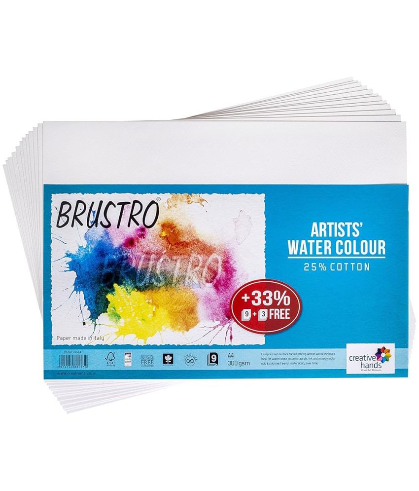     			Brustro Artists Watercolour Paper, 300 GSM, A4, 25% Cotton, Cold Pressed, 9 + 3 Sheets Free (12 Sheets)