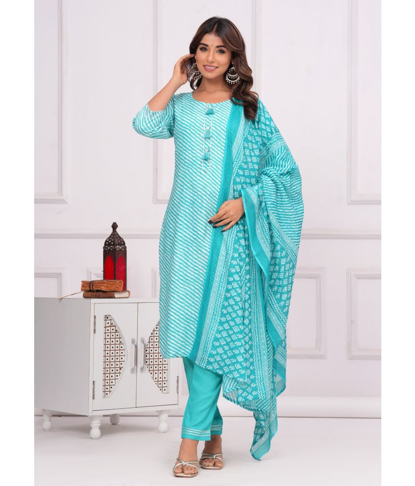     			AAYUFAB Rayon Printed Kurti With Pants Women's Stitched Salwar Suit - Turquoise ( Pack of 1 )