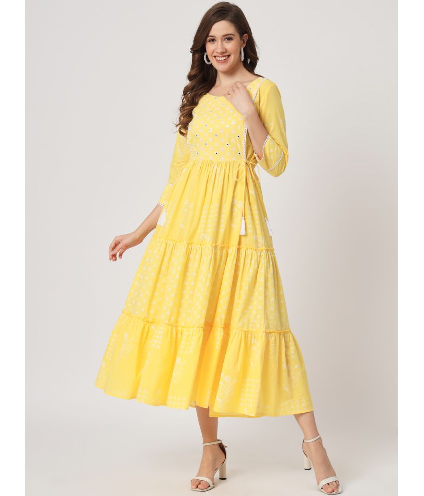     			AMIRA'S INDIAN ETHNICWEAR Cotton Printed Midi Women's Fit & Flare Dress - Yellow ( Pack of 1 )