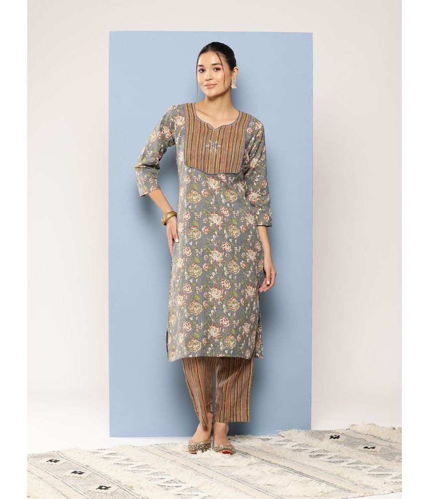     			Aarika Cotton Printed Kurti With Pants Women's Stitched Salwar Suit - Grey ( Pack of 1 )