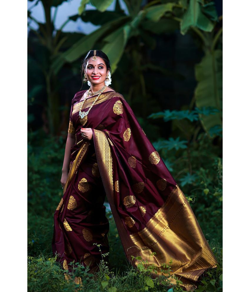     			Anjaneya Sarees Banarasi Silk Woven Saree With Blouse Piece - Maroon ( Pack of 1 )