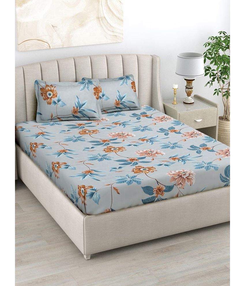     			FABINALIV Poly Cotton Floral 1 Double Bedsheet with 2 Pillow Covers - Blue
