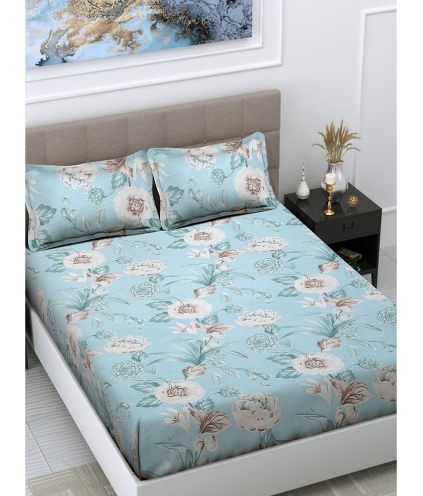     			FABINALIV Poly Cotton Floral 1 Double Bedsheet with 2 Pillow Covers - Light Blue