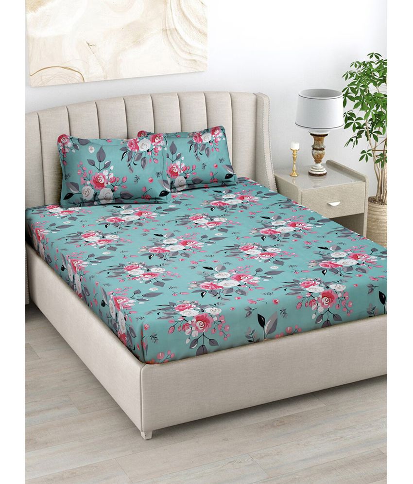     			FABINALIV Poly Cotton Floral 1 Double Bedsheet with 2 Pillow Covers - Teal