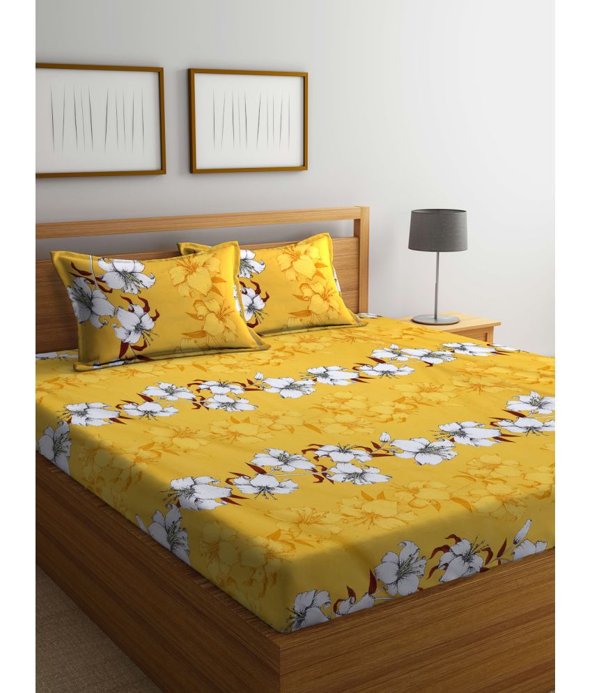     			FABINALIV Poly Cotton Floral 1 Double Bedsheet with 2 Pillow Covers - Yellow