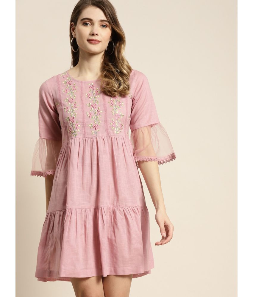     			Juniper Cotton Blend Embroidered Mini Women's Fit & Flare Dress - Pink ( Pack of 1 )