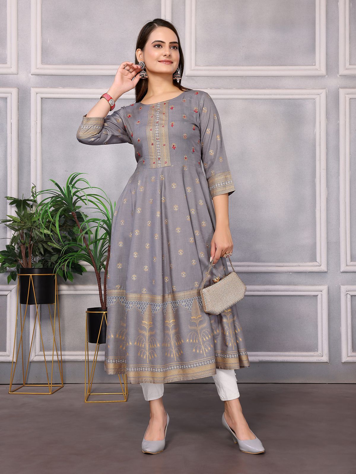     			Rangita Women Rayon Grey Embellished Calf Length Anarkali Kurti