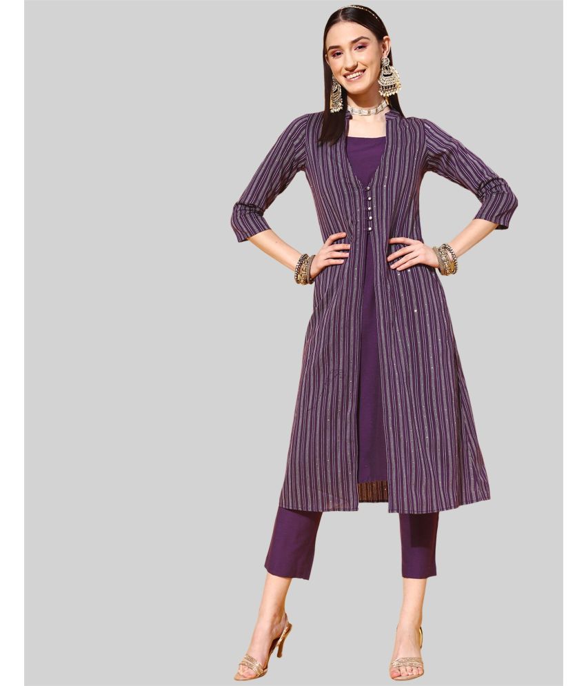     			Skylee Cotton Blend Self Design Kurti With Pants Women's Stitched Salwar Suit - Purple ( Pack of 1 )