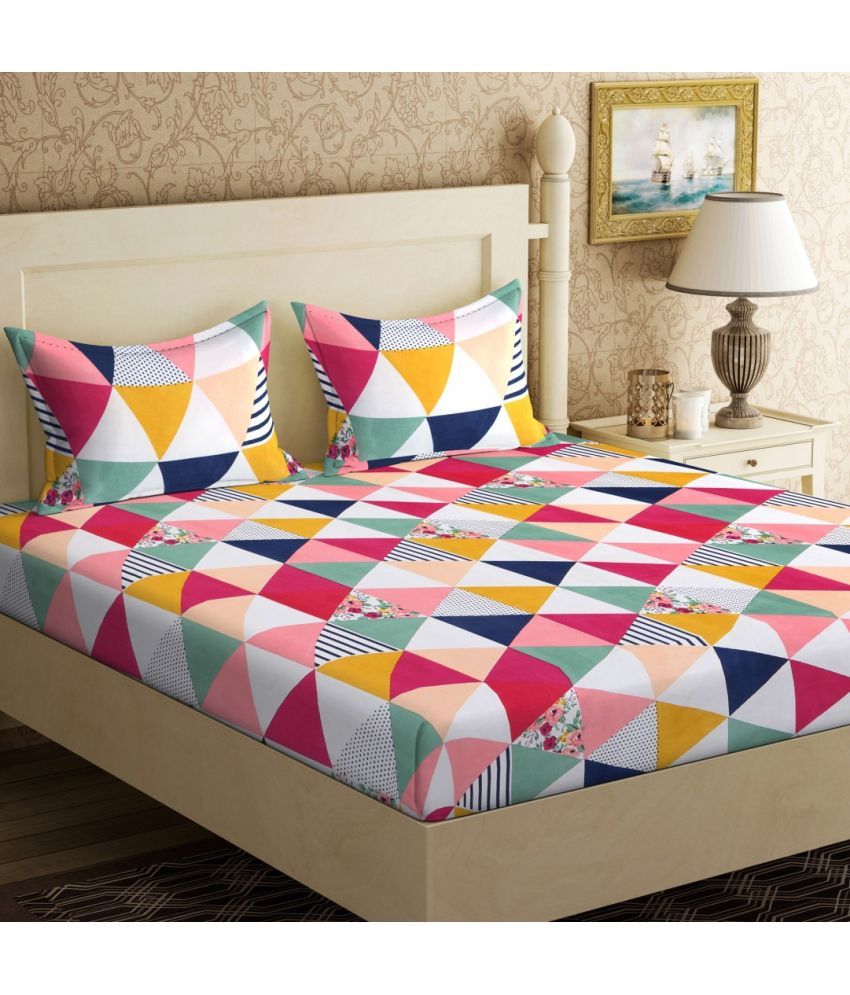     			VORDVIGO Glace Cotton Geometric 1 Double Bedsheet with 2 Pillow Covers - Multicolor