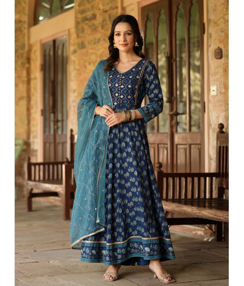     			AMIRA'S INDIAN ETHNICWEAR Cotton Printed Ankle Length Women's Fit & Flare Dress - Blue ( Pack of 1 )