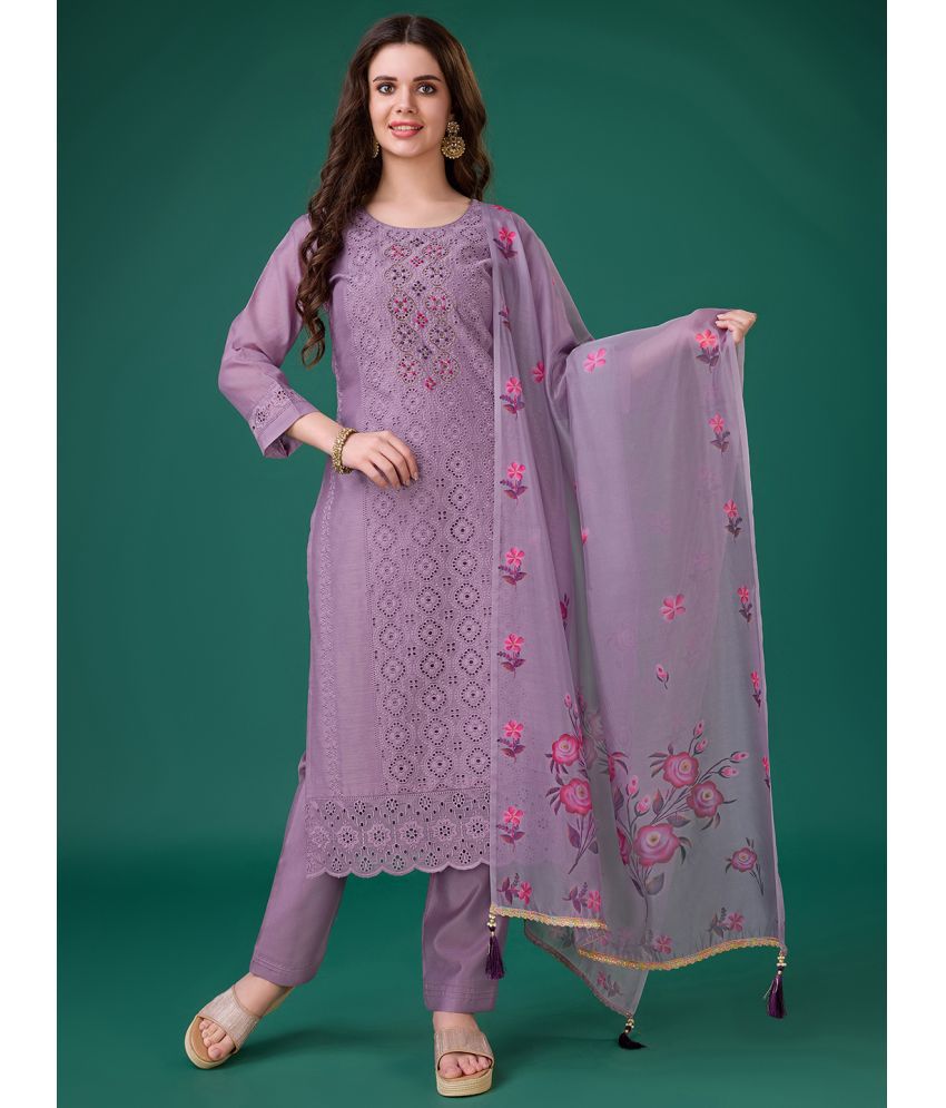     			MOJILAA Chanderi Embroidered Kurti With Pants Women's Stitched Salwar Suit - Lavender ( Pack of 1 )