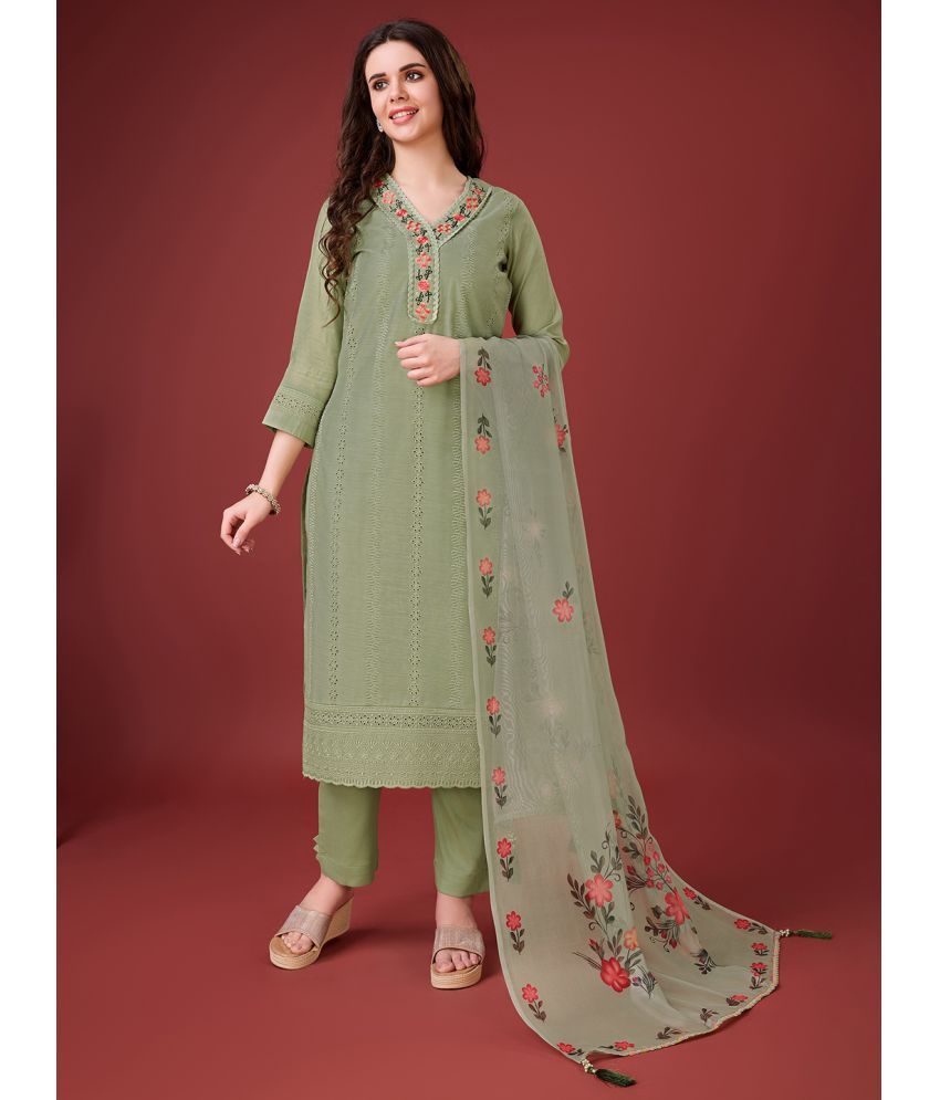     			MOJILAA Chanderi Embroidered Kurti With Pants Women's Stitched Salwar Suit - Green ( Pack of 1 )