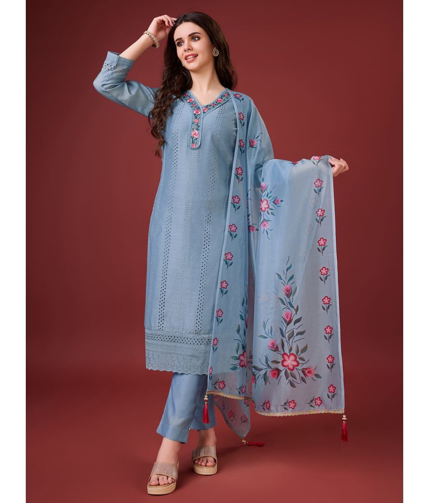     			MOJILAA Chanderi Embroidered Kurti With Pants Women's Stitched Salwar Suit - Light Blue ( Pack of 1 )