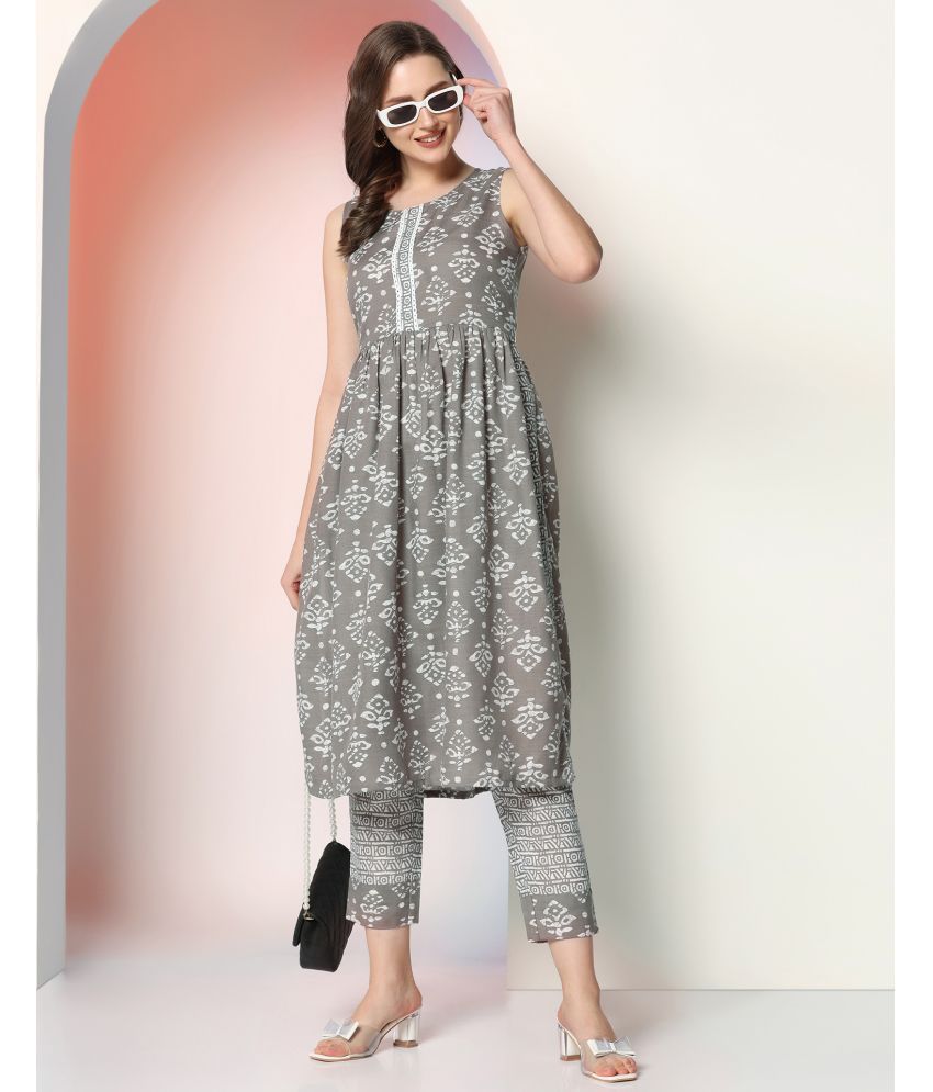     			Skylee Cotton Blend Embellished Kurti With Pants Women's Stitched Salwar Suit - Grey ( Pack of 1 )