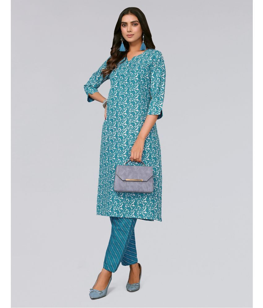     			Skylee Cotton Blend Printed Kurti With Pants Women's Stitched Salwar Suit - Blue ( Pack of 1 )