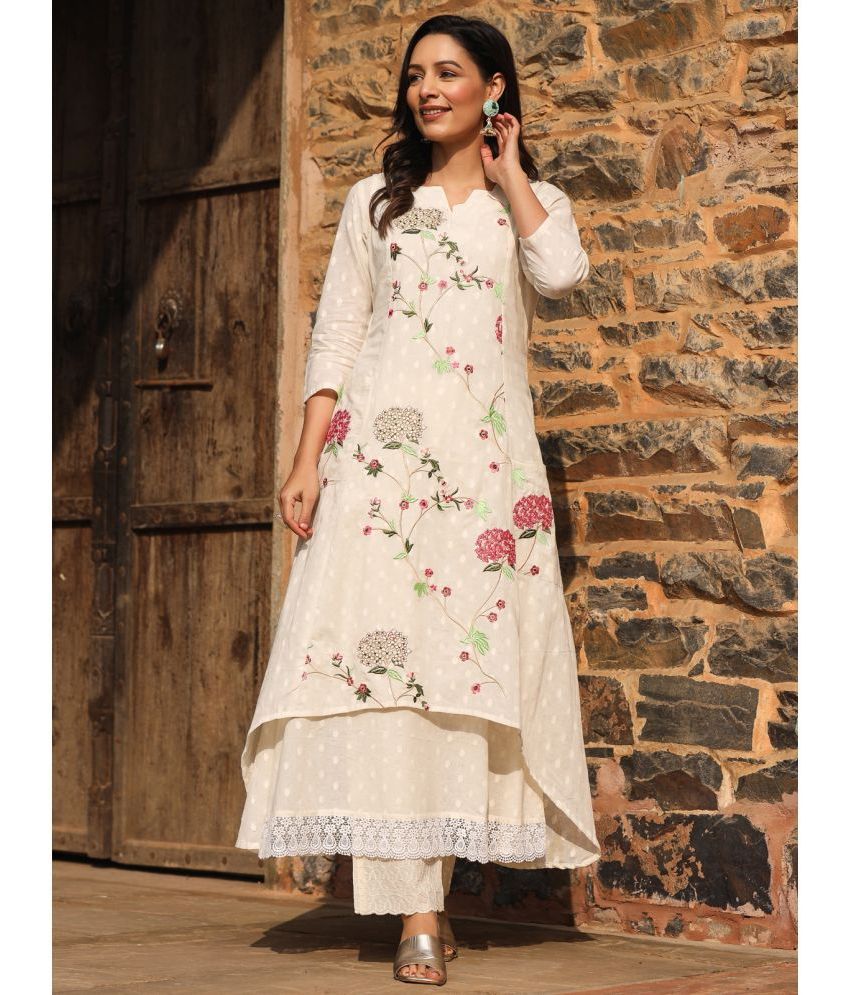     			AMIRA'S INDIAN ETHNICWEAR 100% Cotton Embroidered A-line Women's Kurti - Off White ( Pack of 1 )