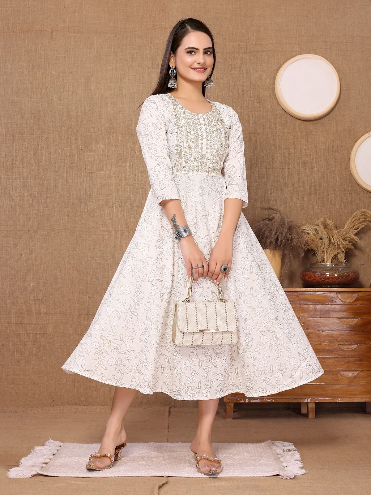    			Rangita Women Cotton Off White Embroidered Calf Length Anarkali Kurti