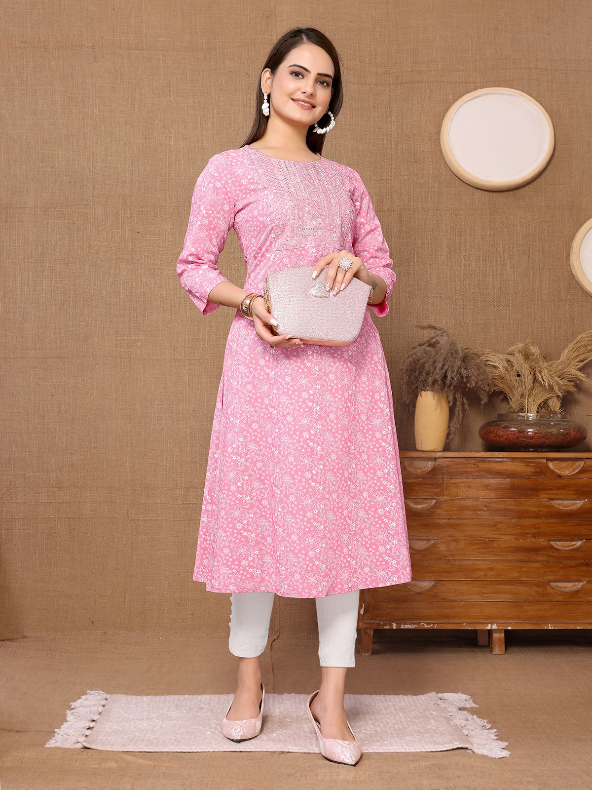     			Rangita Women Rayon Pink Embroidered Calf Length A-line Kurti