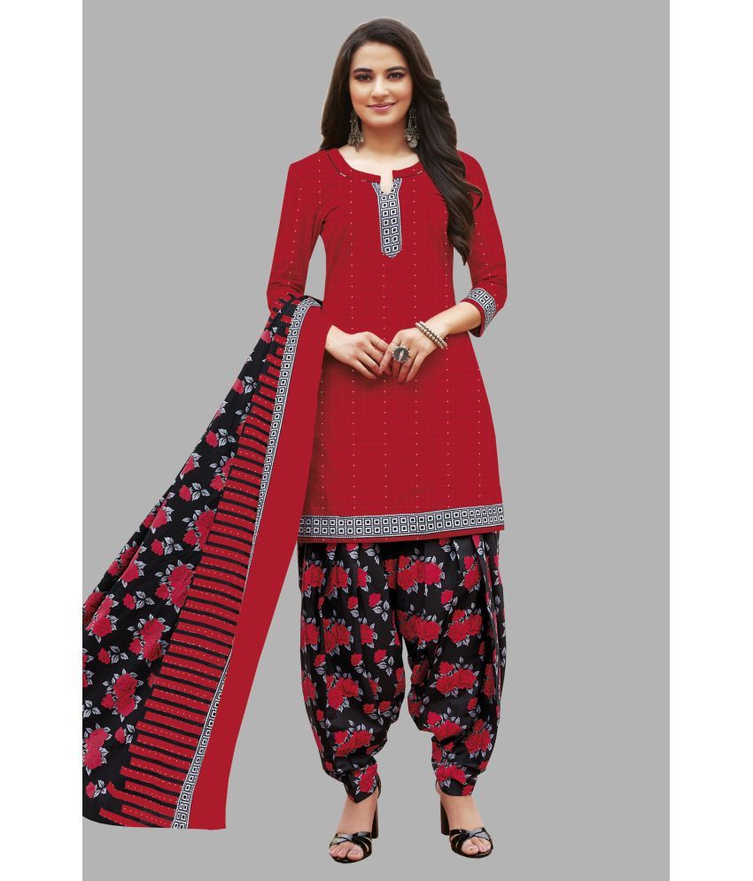     			SIMMU Cotton Printed Kurti With Patiala Women's Stitched Salwar Suit - Red ( Pack of 1 )