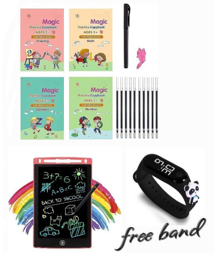     			Combo Of 3 Pack - Sank Magic Practice Copy book & LCD Writing Tablet slate & Taddy Band Watch Digitel Multicolor By Vinay Book Store