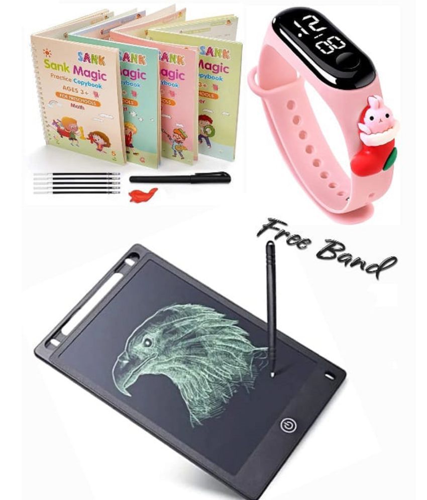     			Combo Of 3 Pack - Sank Magic Practice Copy book & LCD Writing Tablet slate & LED Taddy Band Watch Digitel Multicolor By Unico Traders