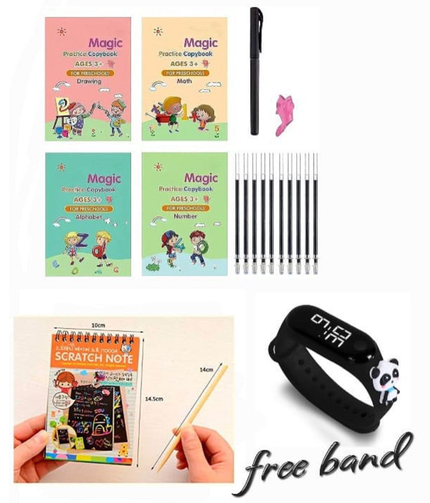     			Combo Of 3 Pack - Sank Magic Practice Copy book & Scratch Book 53 Arts A6 Size Paper Sheet Art Book & LED Taddy Band Watch Digitel Multicolor By Unico Traders