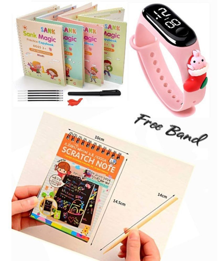    			Combo Of 3 Pack - Sank Magic Practice Copy book & Scratch Book Paper Sheet Art Book and Craft Paper & LED Taddy Band Watch Digitel Multicolor By Vinay Book Store