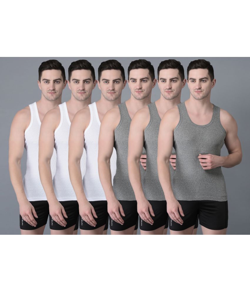     			Pack of 6 Dollar Bigboss White-Grey Solid Cotton Blend Men Vest